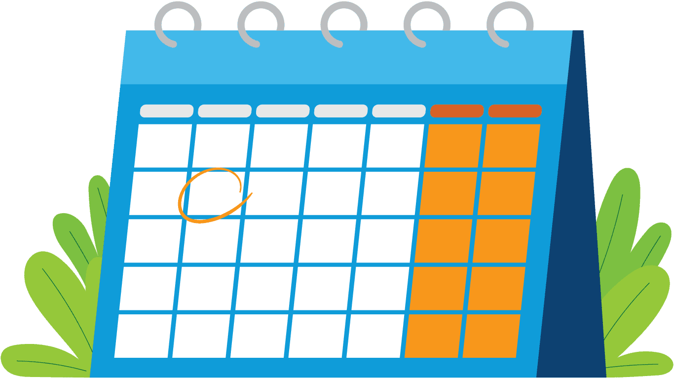 Illustration of a blue desk calendar with two columns highlighted in orange and one date circled in orange. Green leaves are in the background.